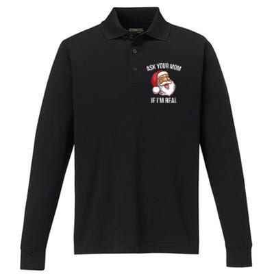 Ask Your Mom If I'm Real Funny Santa Performance Long Sleeve Polo