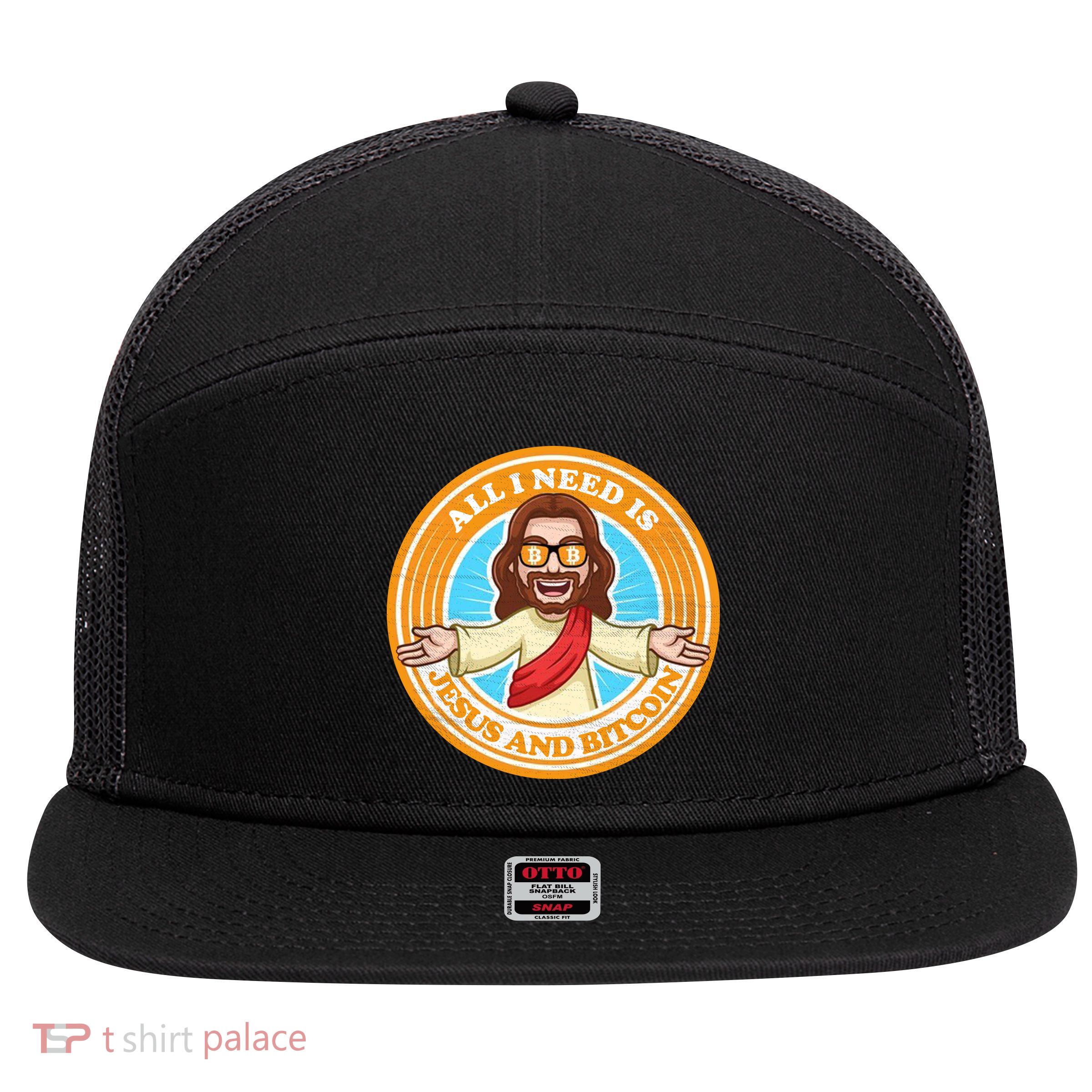 All You Need Is Jesus And Bitcoin 7 Panel Mesh Trucker Snapback Hat