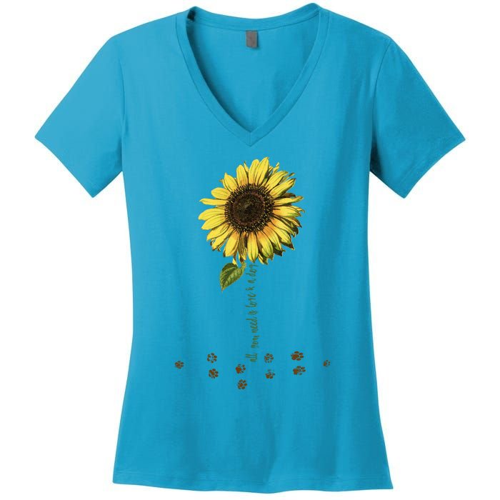 All You Need Is A Dog And Love Sunflower Paw Prints Gift Women's V-Neck T-Shirt