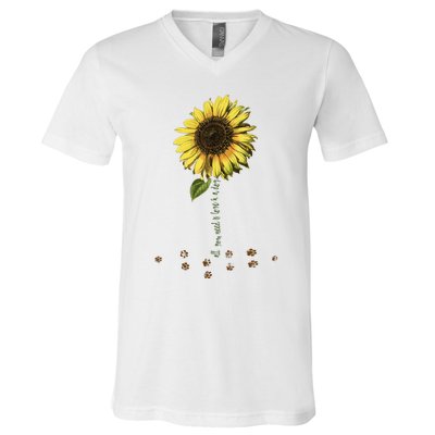 All You Need Is A Dog And Love Sunflower Paw Prints Gift V-Neck T-Shirt