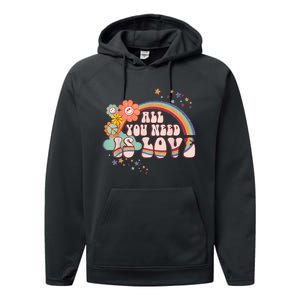 All You Need is Love Rainbow Groovy Vibes Hippie Performance Fleece Hoodie