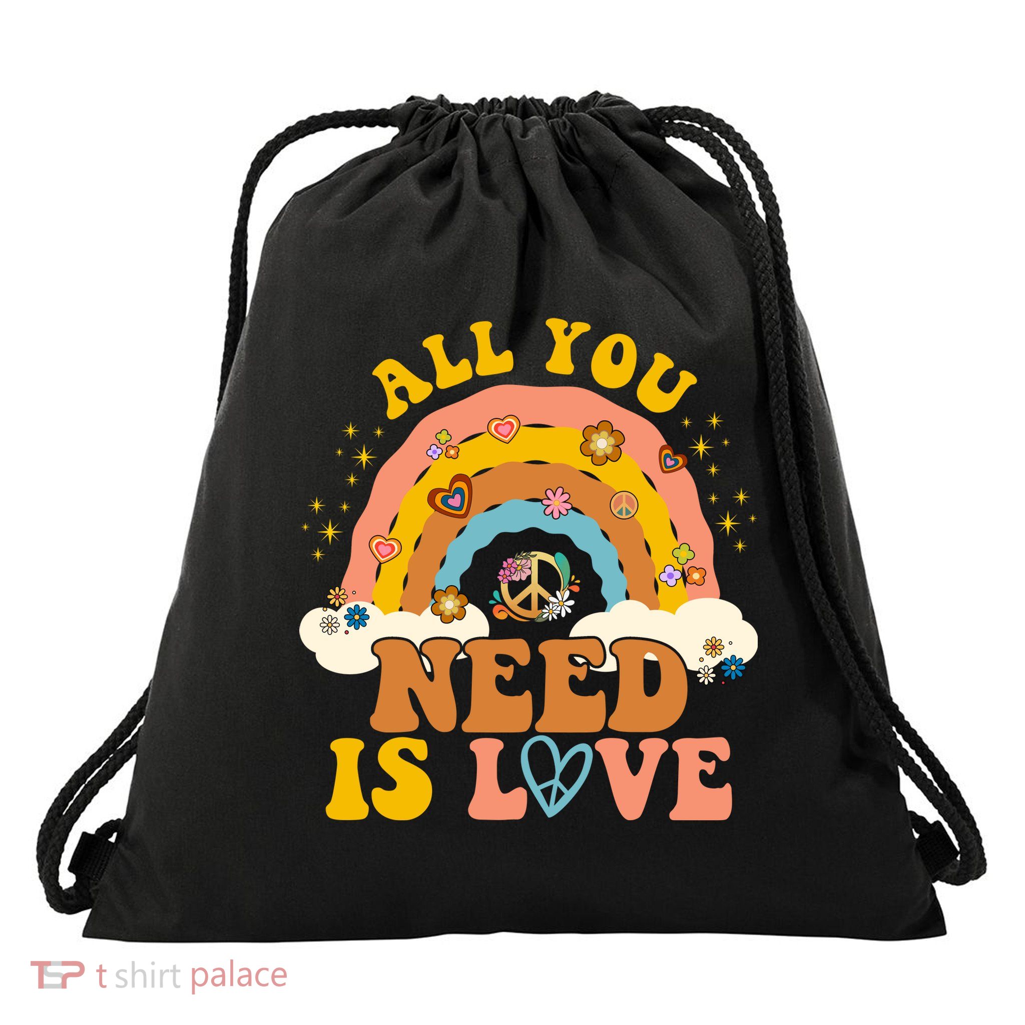 All You Need Is Love Hippie Rainbow Peace Drawstring Bag