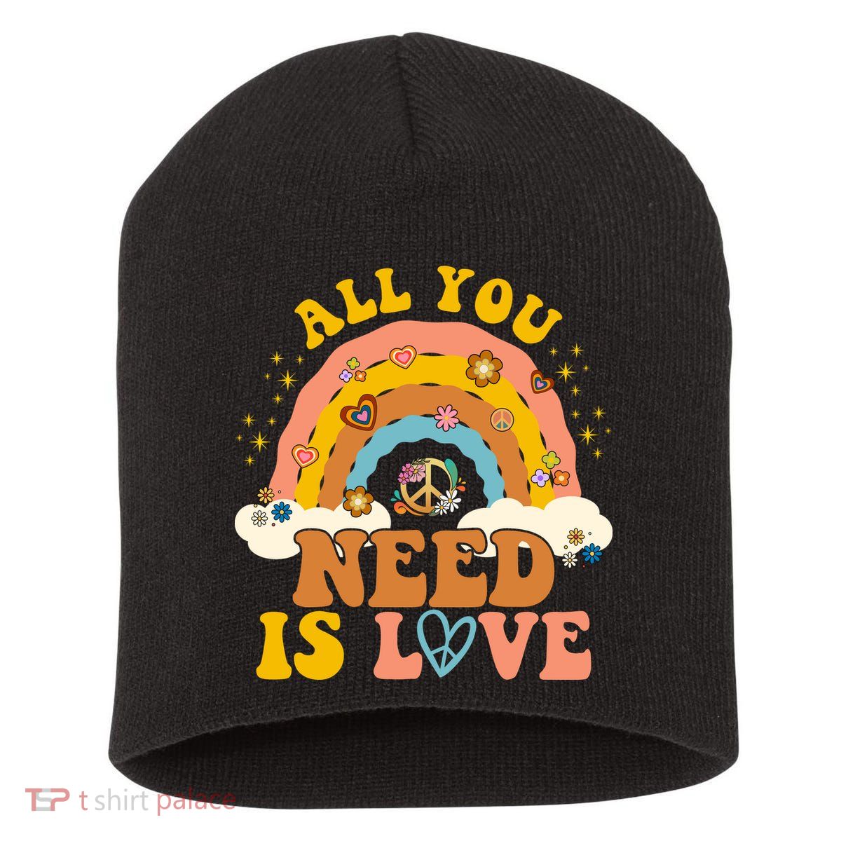 All You Need Is Love Hippie Rainbow Peace Short Acrylic Beanie