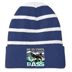 Are You Staring At My Bass Funny Fishing Striped Beanie with Solid Band