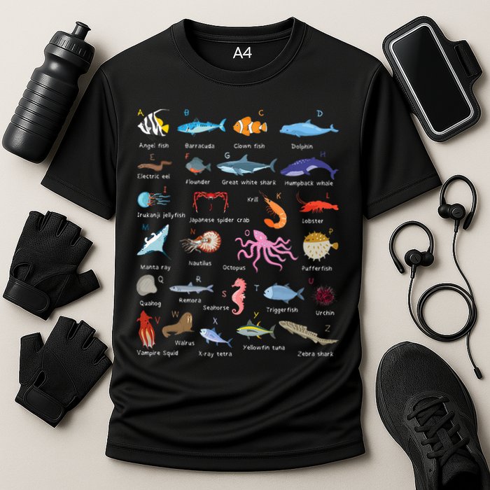 A Z Ocean Life Exploration Sea Creatures Alphabet Cooling Performance Crew T-Shirt
