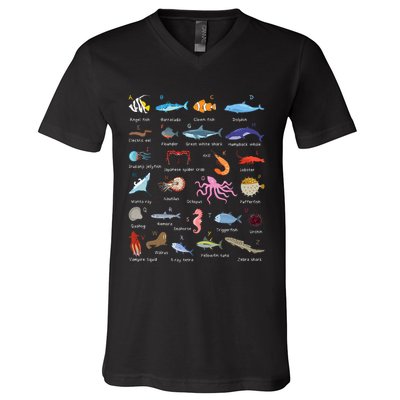A Z Ocean Life Exploration Sea Creatures Alphabet V-Neck T-Shirt