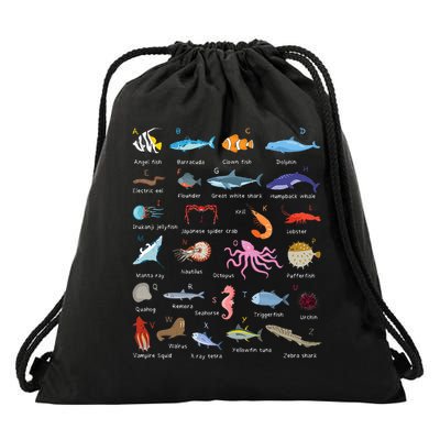 A Z Ocean Life Exploration Sea Creatures Alphabet Drawstring Bag