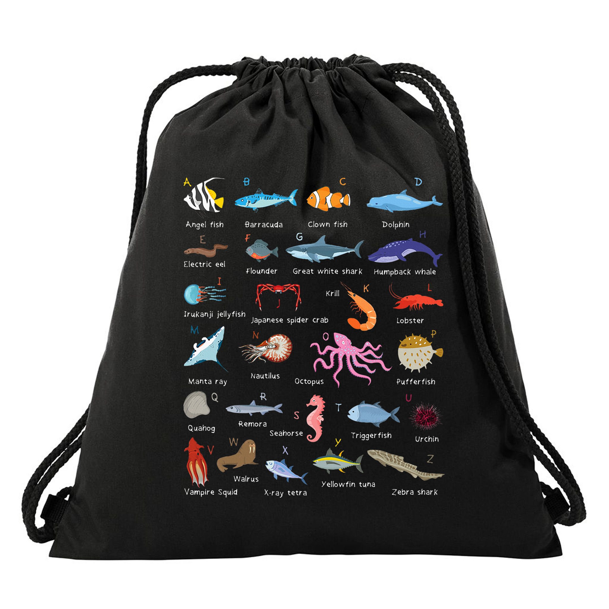 A Z Ocean Life Exploration Sea Creatures Alphabet Drawstring Bag