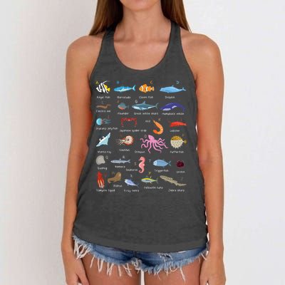 A Z Ocean Life Exploration Sea Creatures Alphabet Women's Knotted Racerback Tank