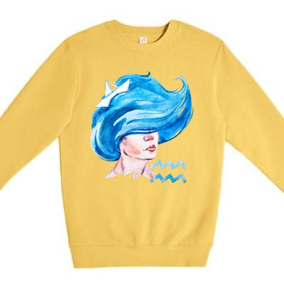 Aquarius Zodiac Sign Watercolor Illustration Premium Crewneck Sweatshirt