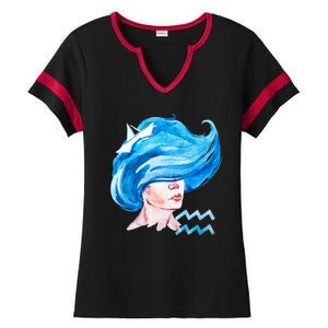 Aquarius Zodiac Sign Watercolor Illustration Ladies Halftime Notch Neck Tee