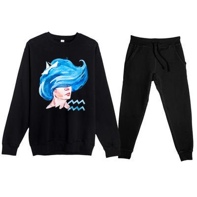 Aquarius Zodiac Sign Watercolor Illustration Premium Crewneck Sweatsuit Set