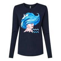 Aquarius Zodiac Sign Watercolor Illustration Womens Cotton Relaxed Long Sleeve T-Shirt