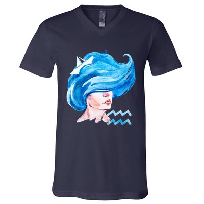 Aquarius Zodiac Sign Watercolor Illustration V-Neck T-Shirt