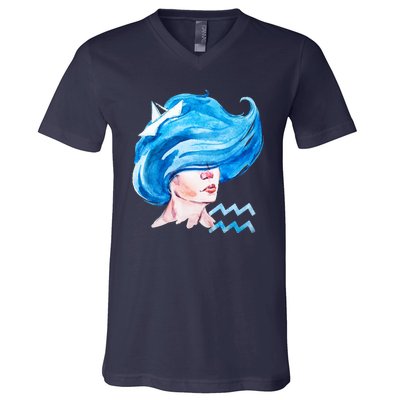 Aquarius Zodiac Sign Watercolor Illustration V-Neck T-Shirt