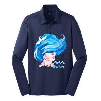 Aquarius Zodiac Sign Watercolor Illustration Silk Touch Performance Long Sleeve Polo