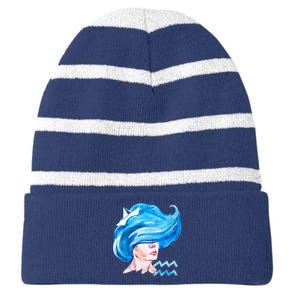 Aquarius Zodiac Sign Watercolor Illustration Striped Beanie with Solid Band