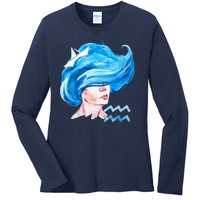 Aquarius Zodiac Sign Watercolor Illustration Ladies Long Sleeve Shirt