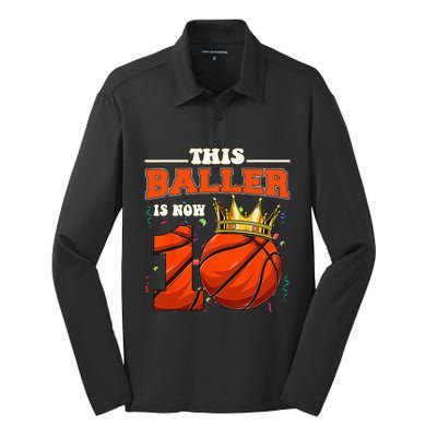 Basketball 10th Birthday Bball 10 Years Old Silk Touch Performance Long Sleeve Polo