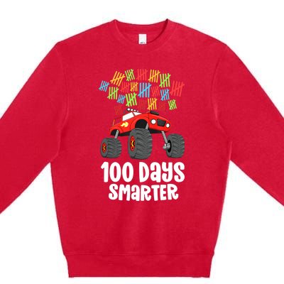 Boys 100th Day Of School Monster Truck 100 Smarter Premium Crewneck Sweatshirt