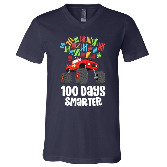 Boys 100th Day Of School Monster Truck 100 Smarter V-Neck T-Shirt