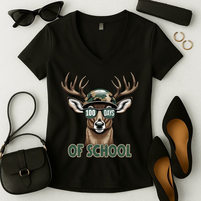 Bucked 100 Days Of School Deer Student 100th Day Women's V-Neck T-Shirt