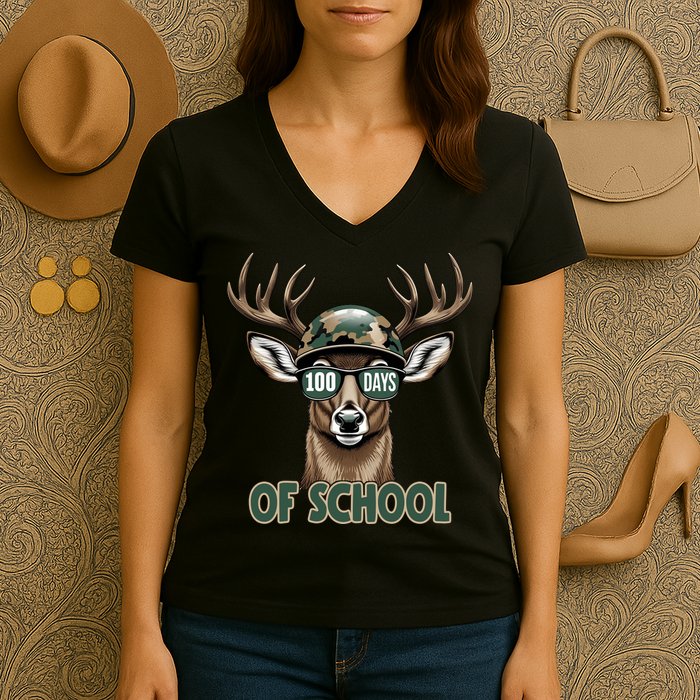 Bucked 100 Days Of School Deer Student 100th Day Women's V-Neck T-Shirt