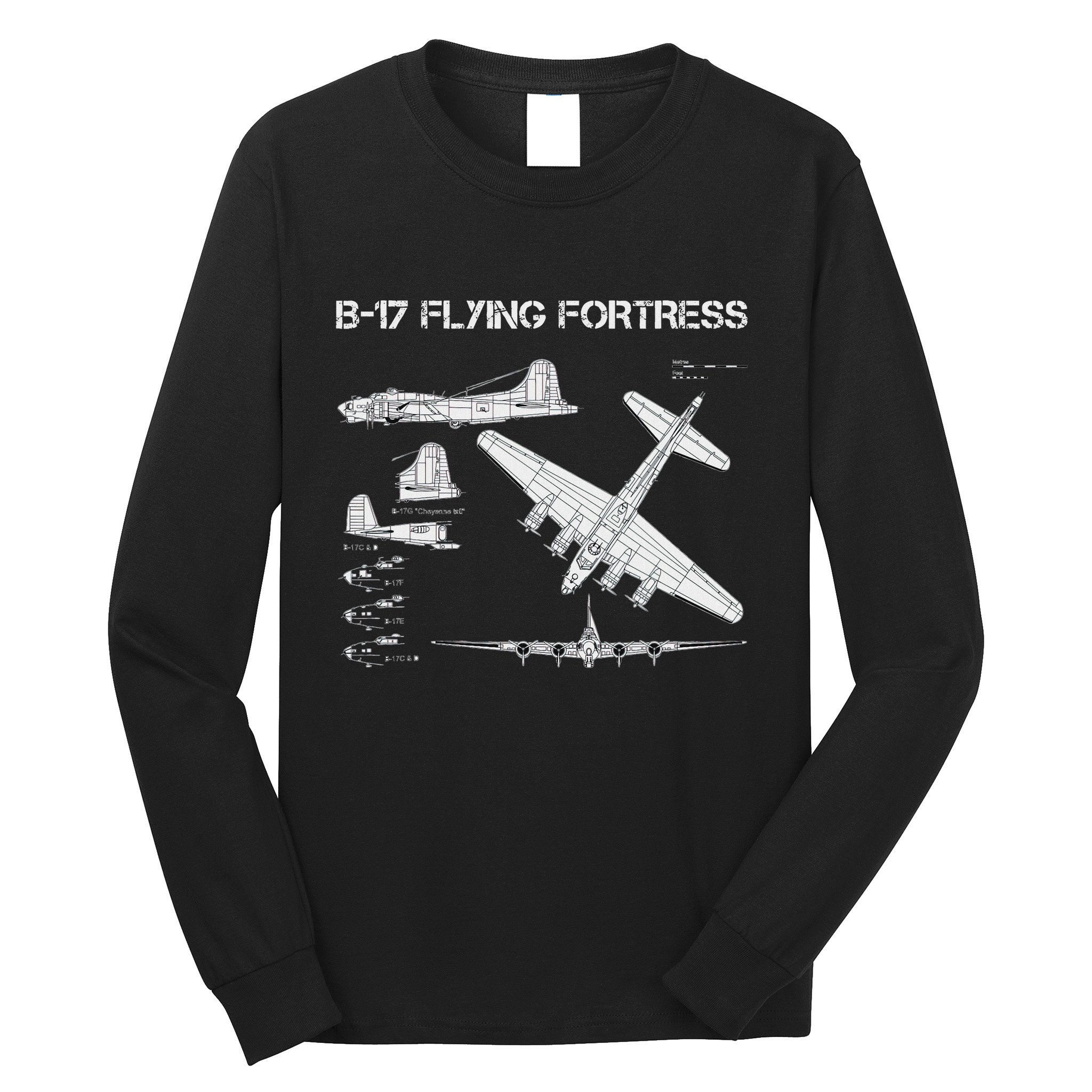 B 17 Flying Fortress Ww2 Heavy Bomber Aircraft Blueprint Long Sleeve Shirt