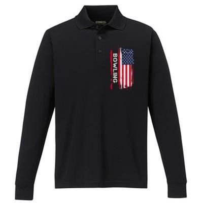 Bowling 10 Pins And Strikes And Spares In America Great Gift Performance Long Sleeve Polo