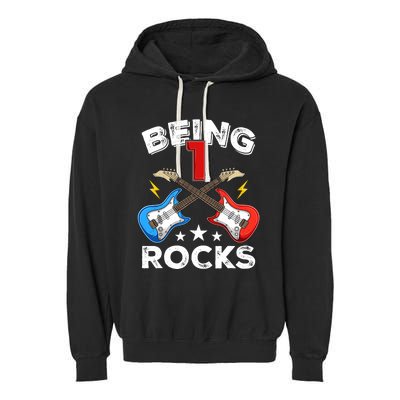 Being 1 Rocks Guitar One Year Old Funny 1st Birthday Garment-Dyed Fleece Hoodie