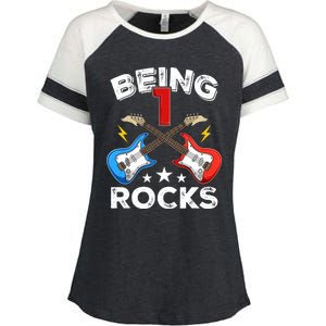 Being 1 Rocks Guitar One Year Old Funny 1st Birthday Enza Ladies Jersey Colorblock Tee