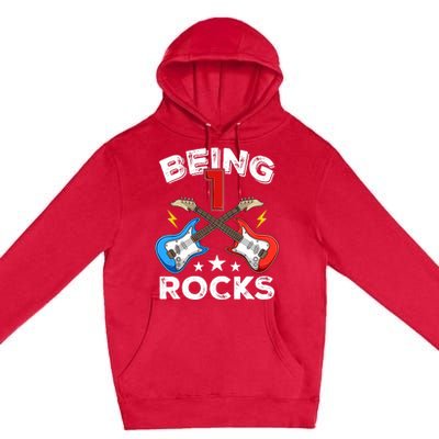 Being 1 Rocks Guitar One Year Old Funny 1st Birthday Premium Pullover Hoodie