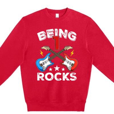 Being 1 Rocks Guitar One Year Old Funny 1st Birthday Premium Crewneck Sweatshirt