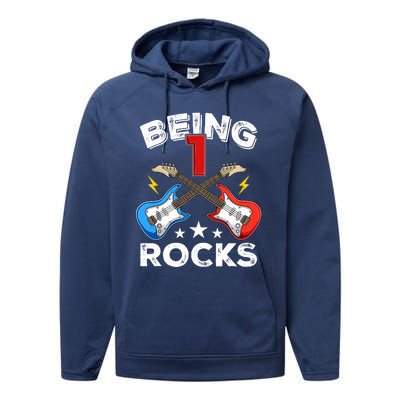 Being 1 Rocks Guitar One Year Old Funny 1st Birthday Performance Fleece Hoodie