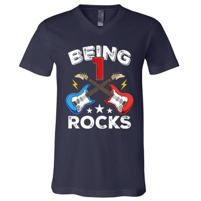 Being 1 Rocks Guitar One Year Old Funny 1st Birthday V-Neck T-Shirt