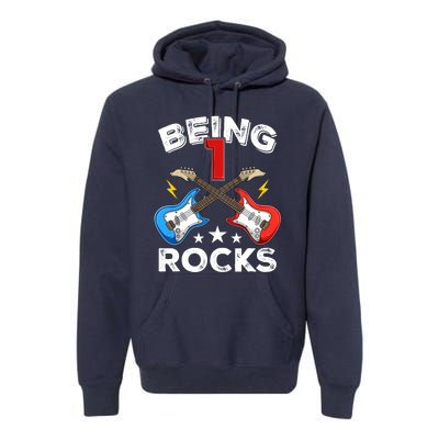 Being 1 Rocks Guitar One Year Old Funny 1st Birthday Premium Hoodie