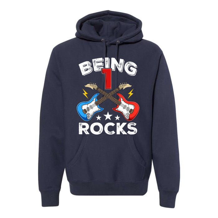 Being 1 Rocks Guitar One Year Old Funny 1st Birthday Premium Hoodie