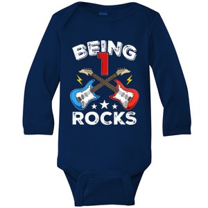 Being 1 Rocks Guitar One Year Old Funny 1st Birthday Baby Long Sleeve Bodysuit