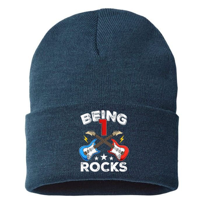 Being 1 Rocks Guitar One Year Old Funny 1st Birthday Sustainable Knit Beanie