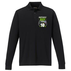 Birthday 10 Video Game Controller Gamer 10th Birthday Performance Long Sleeve Polo