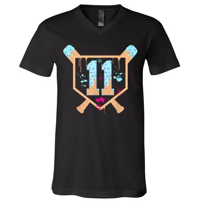 Baseball 11 Year Old Ice Cream Drip 11th Birthday Boy 11  V-Neck T-Shirt