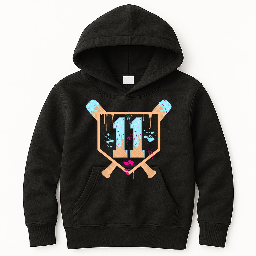 Baseball 11 Year Old Ice Cream Drip 11th Birthday Boy 11  Kids Hoodie