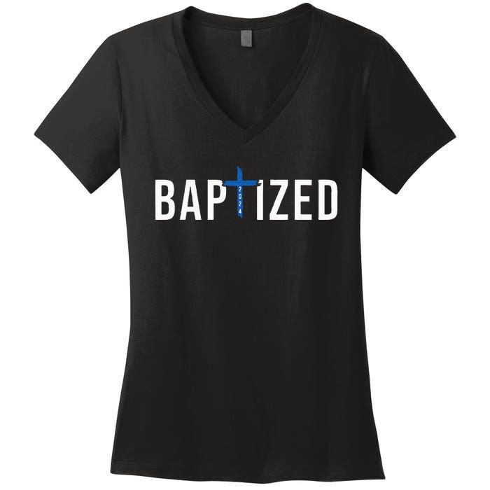 Baptized 2024 Christian Water Baptism Church Group Christ Women's V-Neck T-Shirt