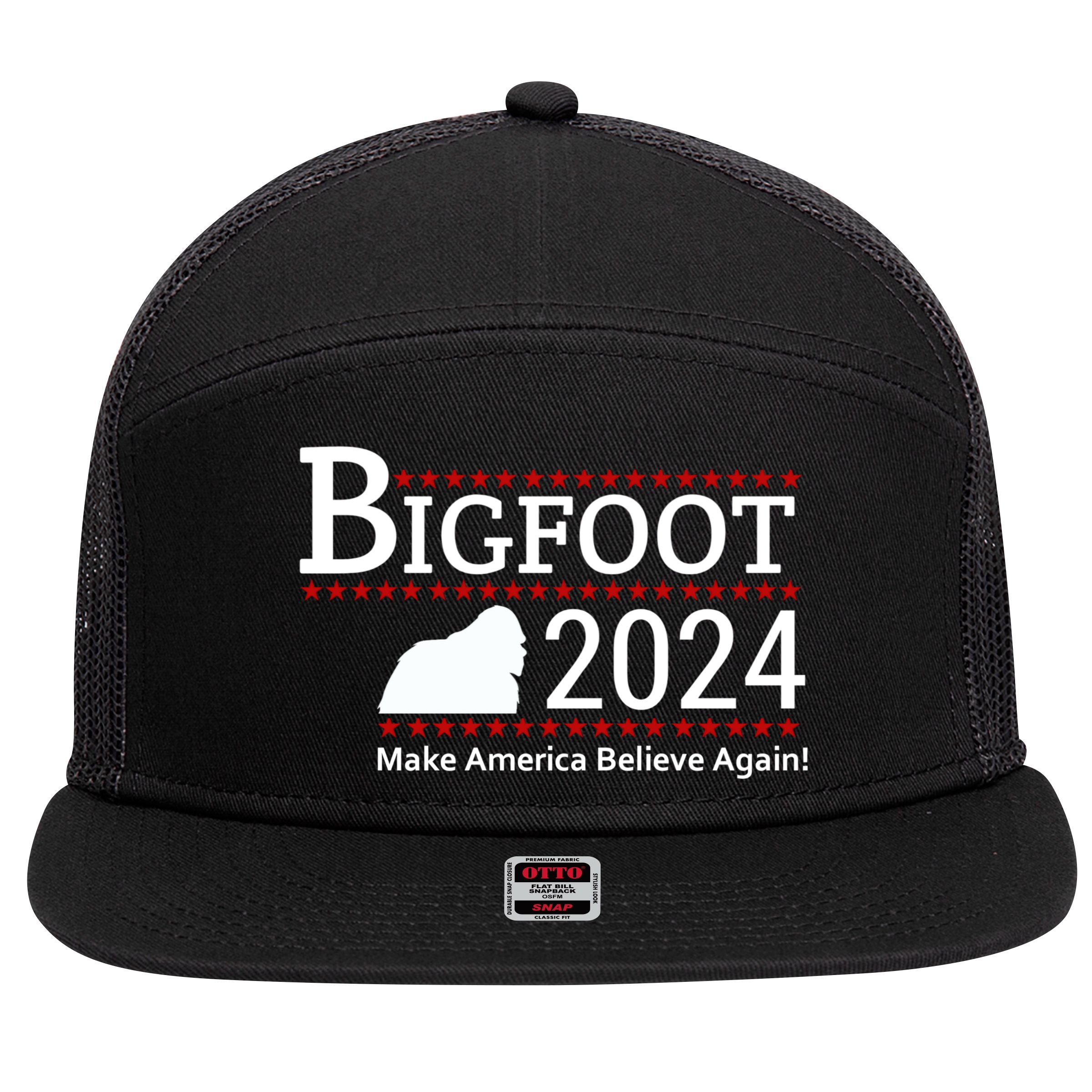 Bigfoot 2024 Make America Believe Again! 7 Panel Mesh Trucker Snapback Hat
