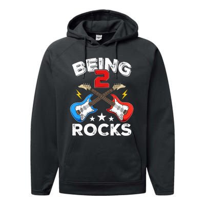 Being 2 Rocks Guitar Funny 2nd Birthday Boy Performance Fleece Hoodie