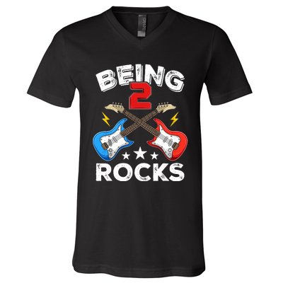 Being 2 Rocks Guitar Funny 2nd Birthday Boy V-Neck T-Shirt