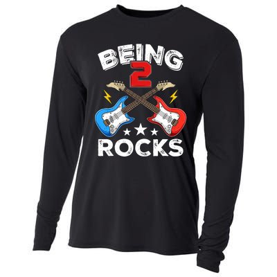 Being 2 Rocks Guitar Funny 2nd Birthday Boy Cooling Performance Long Sleeve Crew