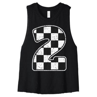 Birthday 2 Two Race Car 2nd Birthday Racing Car Flag Women's Racerback Cropped Tank