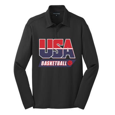 Basketball 2024 Usa Patriotic Sports Lover American B Ball Silk Touch Performance Long Sleeve Polo