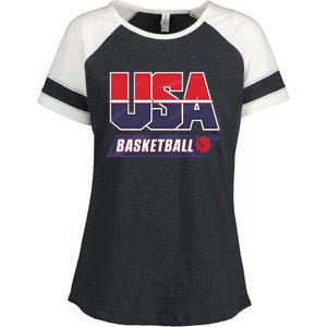 Basketball 2024 Usa Patriotic Sports Lover American B Ball Enza Ladies Jersey Colorblock Tee